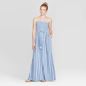 Strapless blue stripped long dress